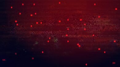 Abstract digital background with red squares and binary code.