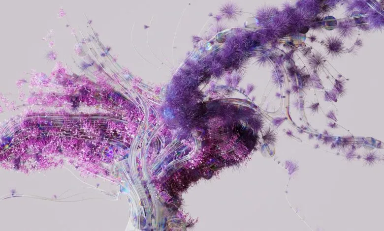 Abstract purple and white organic structure with iridescent accents.