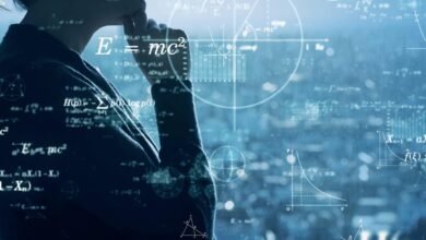 Person thinking surrounded by math equations and graphs, blue tones.