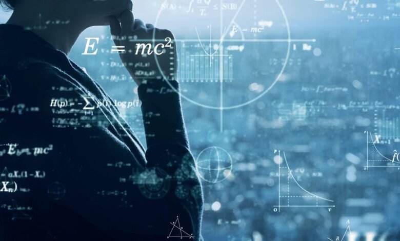 Person thinking surrounded by math equations and graphs, blue tones.