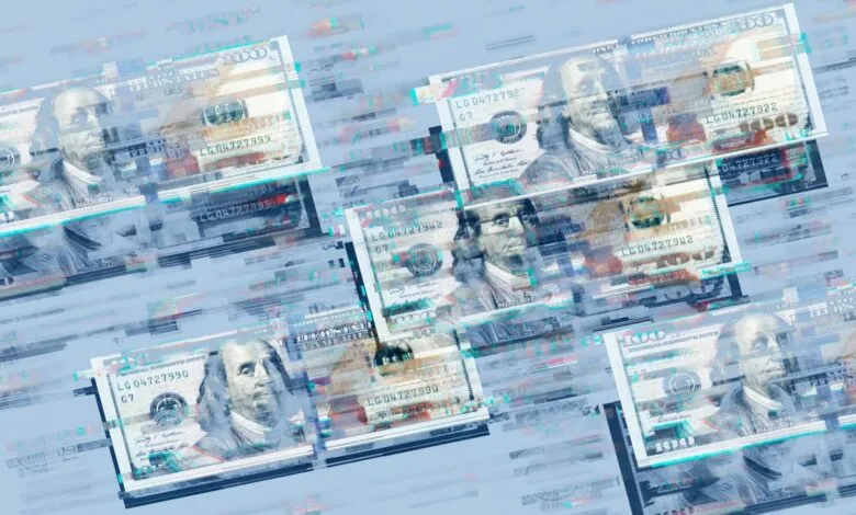 Abstract digital rendering of US hundred dollar bills with glitch effects.