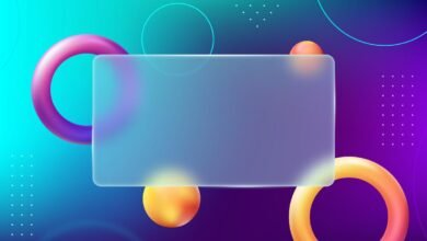 Abstract background with frosted glass rectangle, circles, and spheres on gradient backdrop.