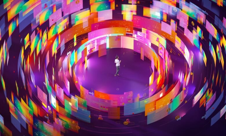 Person stands in a circle of floating screens displaying data and social media icons.