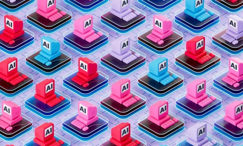 Isometric grid of colorful retro computers labeled 'AI' for artificial intelligence.