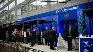 People line up outside Polymarket's 'Situation Room' pop-up bar in Washington, DC.