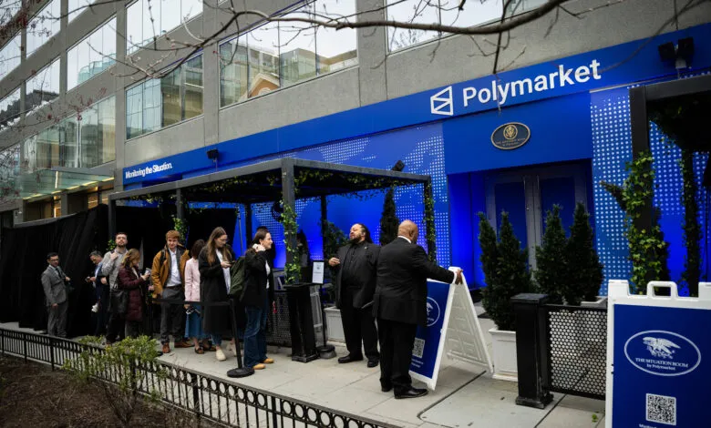 People line up outside Polymarket's 'Situation Room' pop-up bar in Washington, DC.
