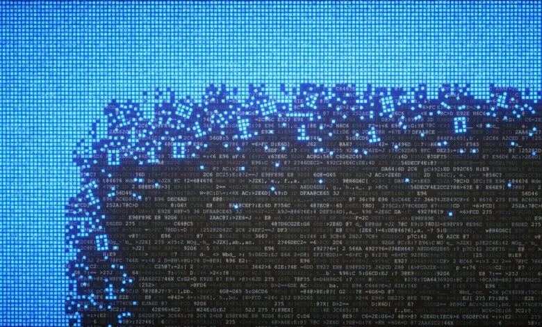 Blue digital code forms abstract map, data security concept.