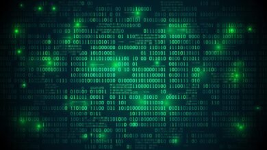 Green binary code pattern on dark background, data and technology concept.