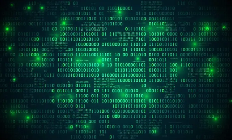 Green binary code pattern on dark background, data and technology concept.