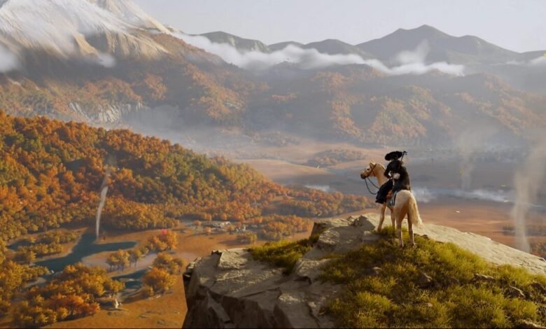 Character on horseback overlooks vast autumn landscape with mountains.