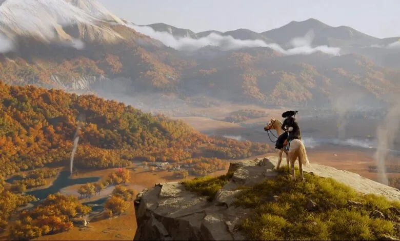 Character on horseback overlooks vast autumn landscape with mountains.