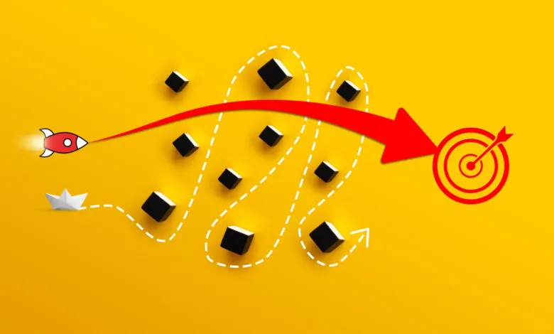 Rocket bypasses obstacles to reach target, paper boat struggles.