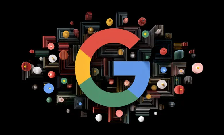 Google logo with colorful geometric shapes on a black background.