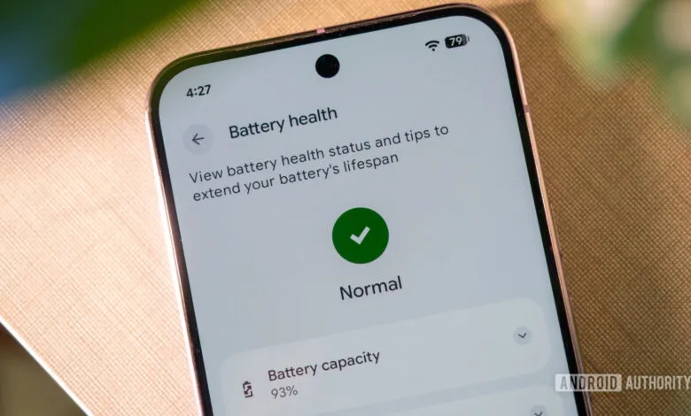 Smartphone screen displaying 'Battery health: Normal' with 93% capacity.