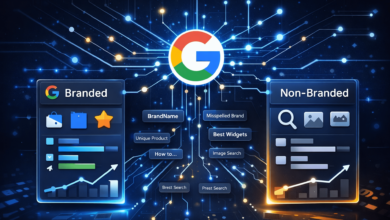 Branded vs. Non-Branded search queries illustration with Google logo.