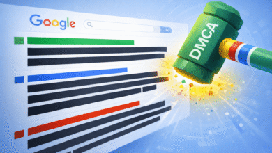 DMCA hammer striking Google search results, symbolizing copyright enforcement.