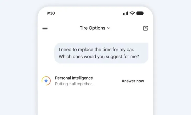 Screenshot of a mobile app showing a tire suggestion query to Personal Intelligence.