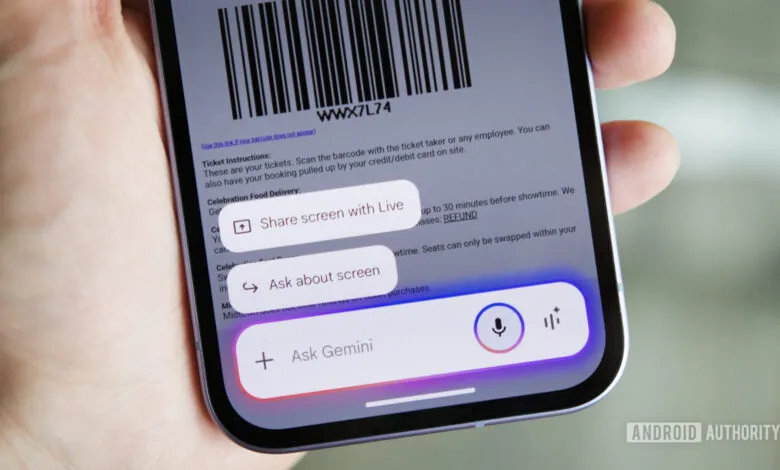 Android phone displaying ticket with Gemini 'Ask about screen' prompt.
