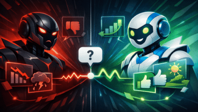 Two robots, one with negative icons, the other with positive icons, connected by a question mark.