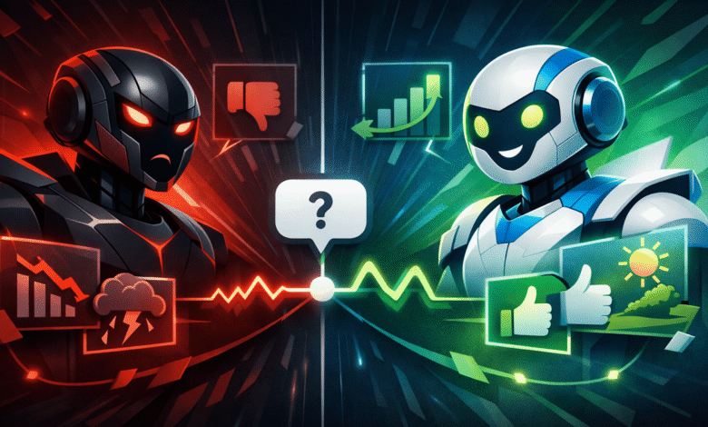 Two robots, one with negative icons, the other with positive icons, connected by a question mark.