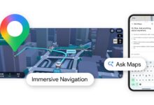 Google Maps interface showing immersive navigation and AI-powered search.