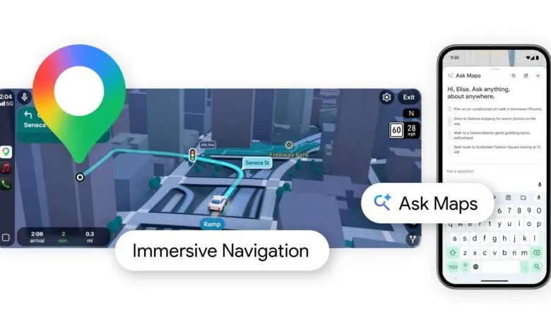 Google Maps interface showing immersive navigation and AI-powered search.