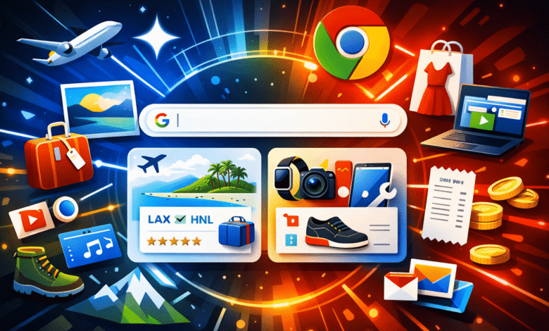 Google search interface with travel, shopping, and personal device icons.
