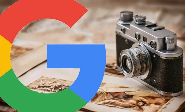 Vintage camera on photo album with Google logo overlay, memories.