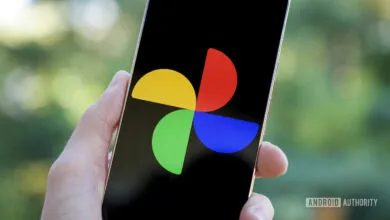Hand holding phone displaying Google Photos logo.