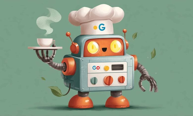 Cartoon robot chef wearing a toque, holding a tray with a steaming cup.