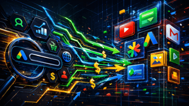 Digital illustration of Google Ads and app icons with upward trending arrows.