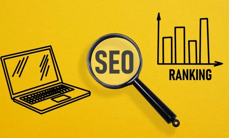 SEO concept with laptop, magnifying glass, and ranking chart on yellow.