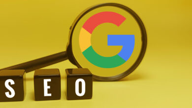 Magnifying glass over Google logo with SEO blocks on yellow background.
