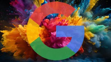 Google logo overlaid on a vibrant explosion of colorful powder.