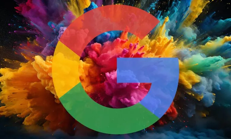 Google logo overlaid on a vibrant explosion of colorful powder.