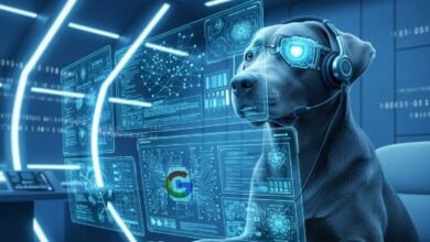 Dog wearing headset and futuristic glasses in front of digital screens.