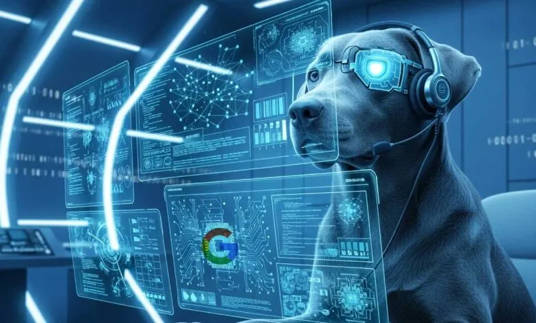 Dog wearing headset and futuristic glasses in front of digital screens.