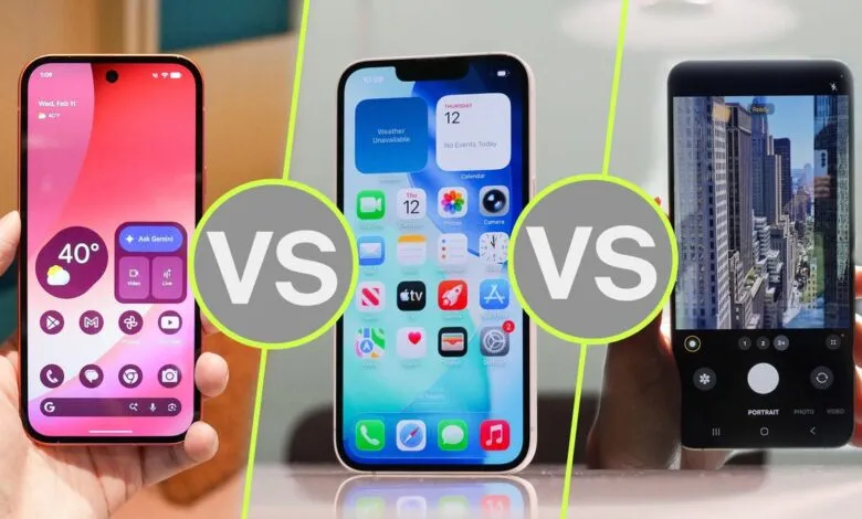 Google Pixel, iPhone, and Samsung phone comparison side-by-side.