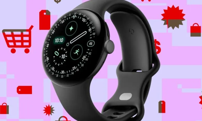 Black smartwatch on a patterned background with shopping icons.