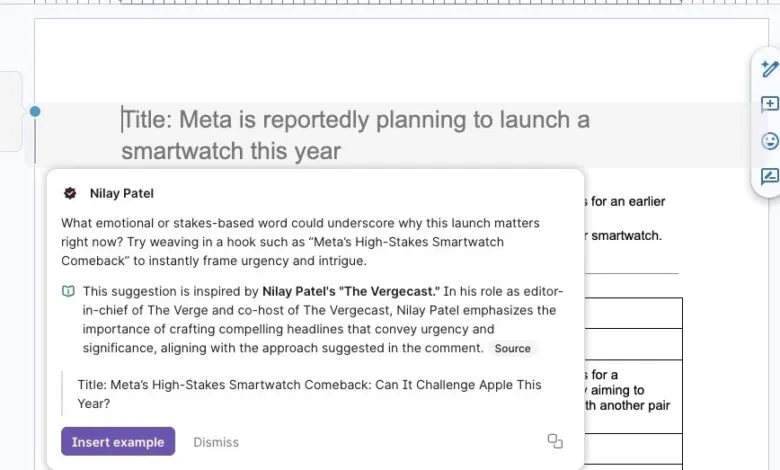 Screenshot of headline suggestion tool with Nilay Patel's input on Meta smartwatch.