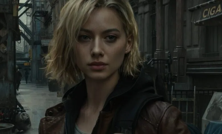 Woman with blonde hair stands on a rainy city street, wearing a brown jacket and backpack.