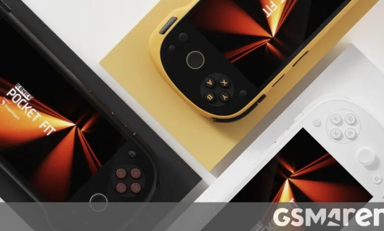 Three Konker Pocket Fit handheld gaming devices in black, yellow, and white.