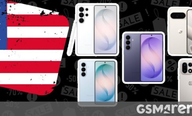 Phone sale promotion with US flag and various smartphone models.