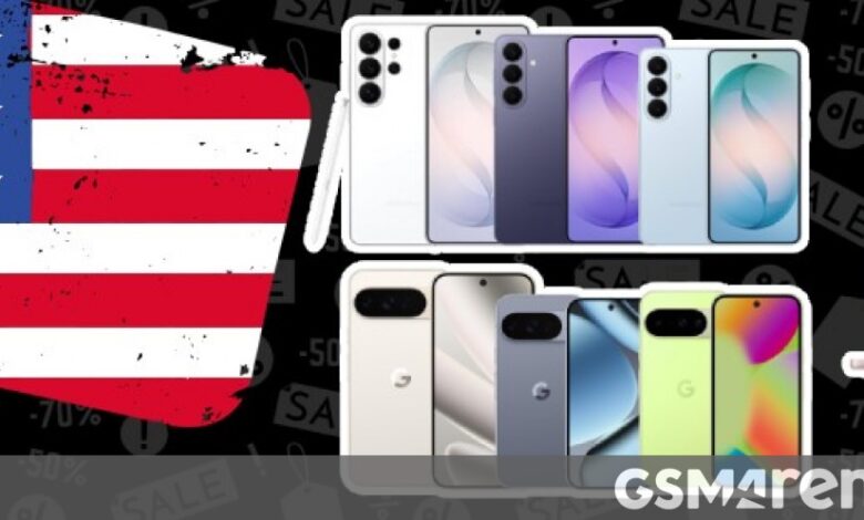 Various smartphones and a laptop arranged against a backdrop with the US flag and sale percentages.