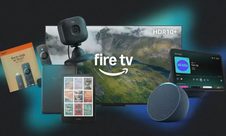 Amazon Fire TV devices including stick, tablet, Kindle, Echo, Blink camera, and Fire TV.