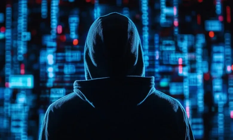 Person in hoodie stands before a digital code background.