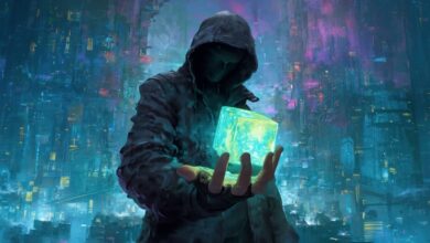 Hooded figure holds glowing cube against futuristic cityscape backdrop.