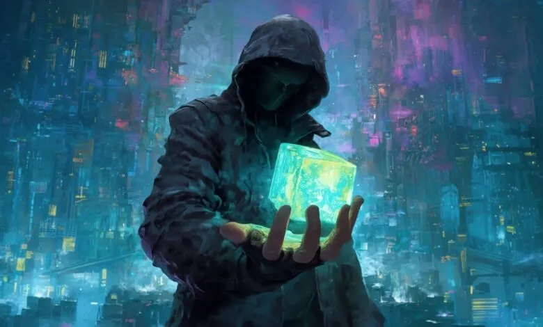 Hooded figure holds glowing cube against futuristic cityscape backdrop.