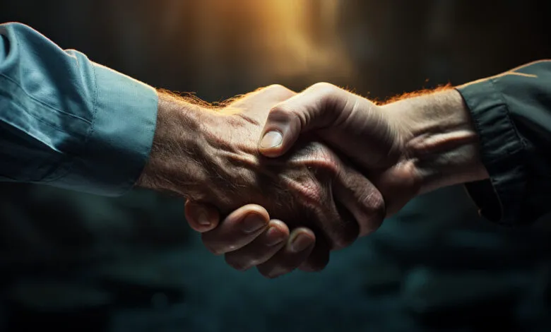 Close-up of two hands clasped in a firm handshake.
