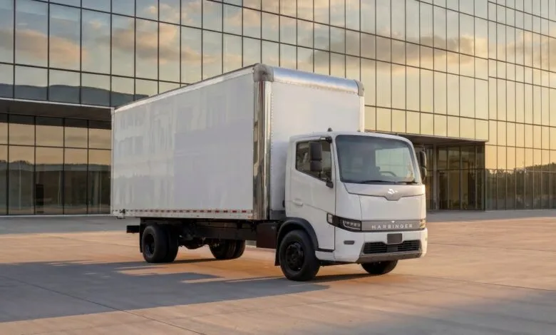 White Harbinger delivery truck parked in front of a modern glass building.